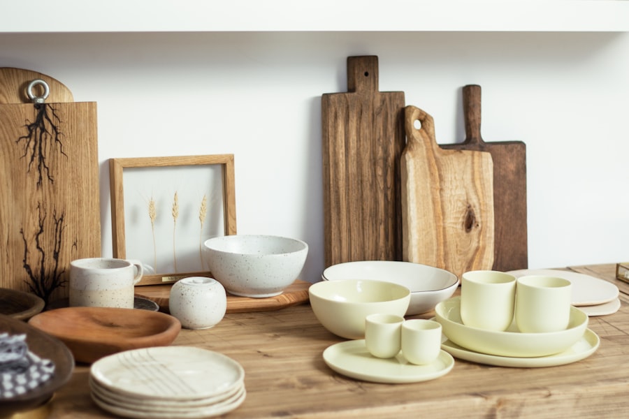 White ceramic bowls on brown wooden table